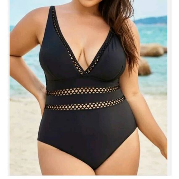 Swimsuits For All Women's Black Lattice Plunge One Piece One Piece 16 - Picture 1 of 7